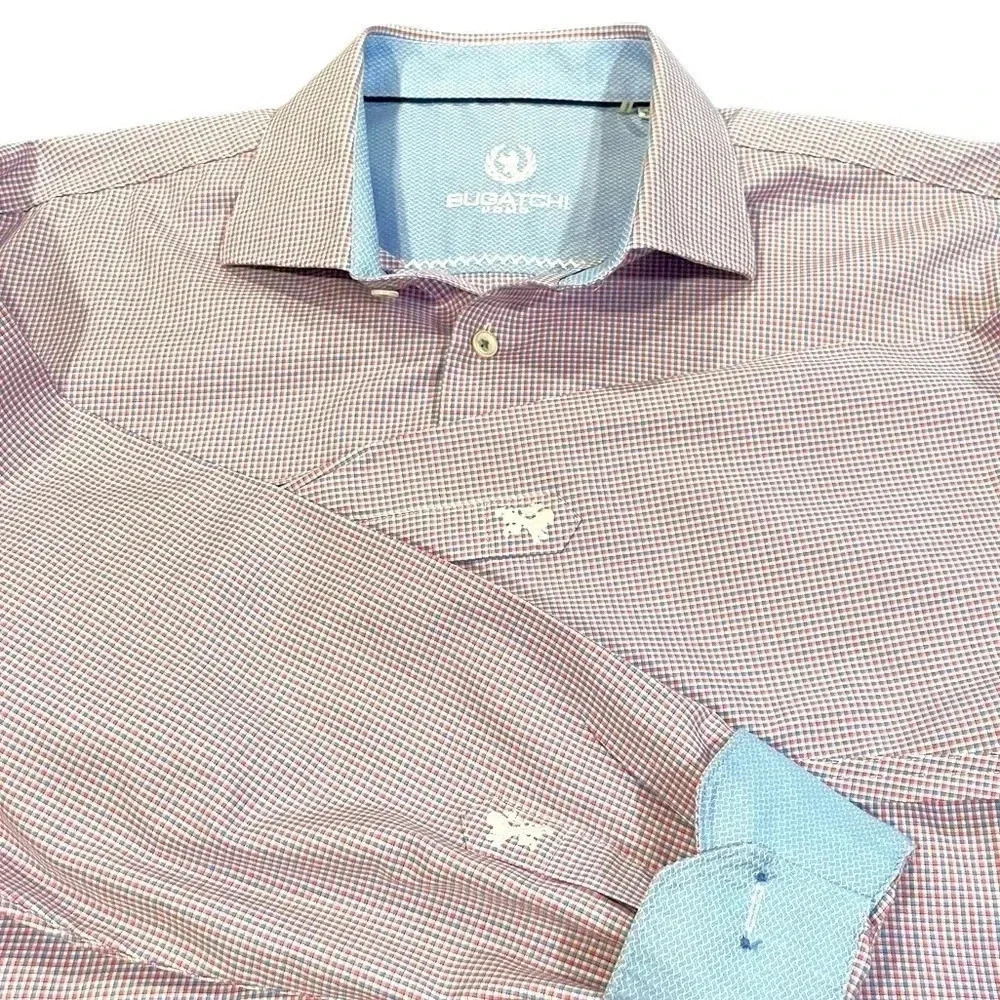 Bugatchi Uomo Mini Check Plaid Cotton Pink Blue Button Down Mens 17 34 / 35